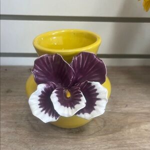 Vibrant Yellow Vase with Purple Floral Design